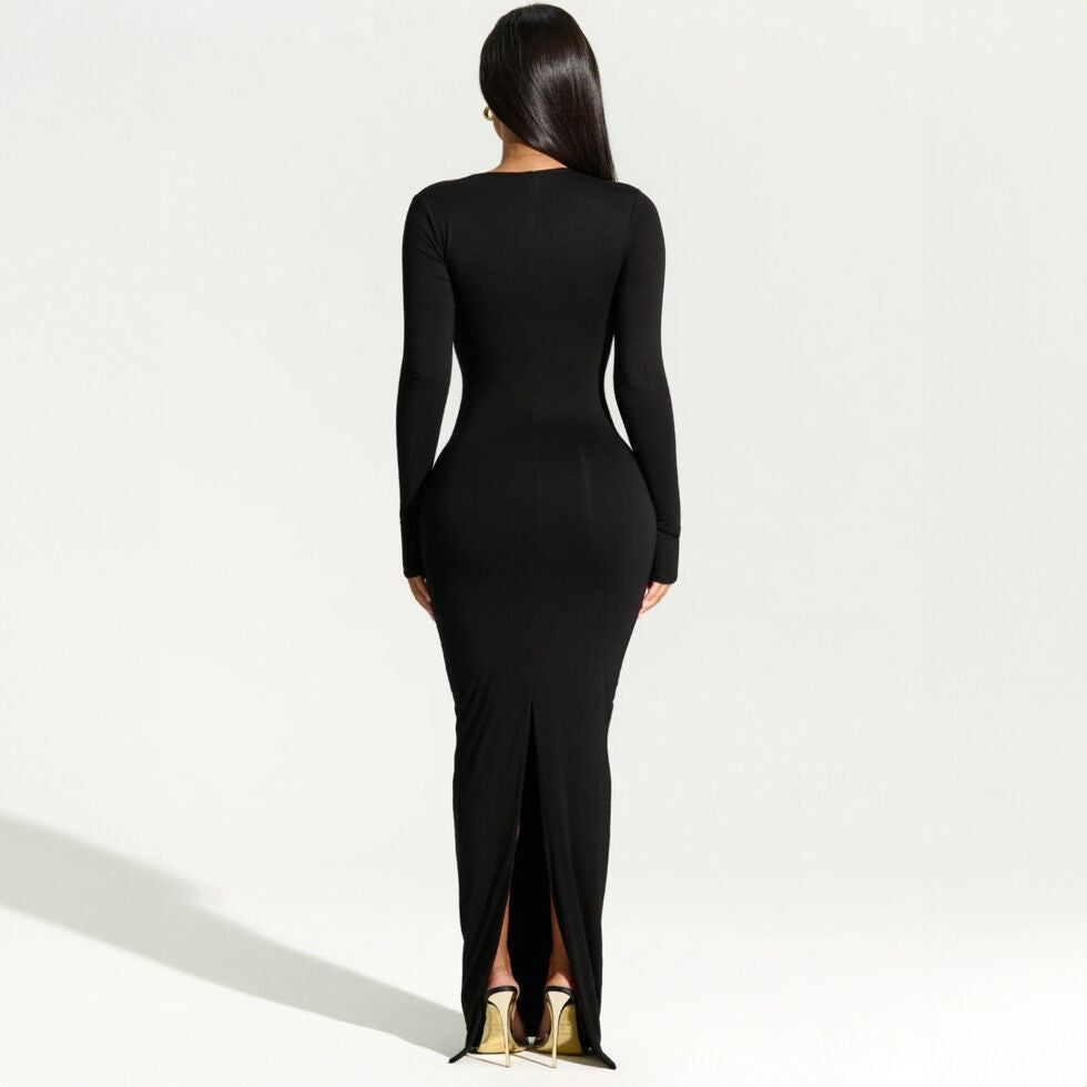 Women's Long Sleeve Diagonal Collar Slim Back Slit Dress